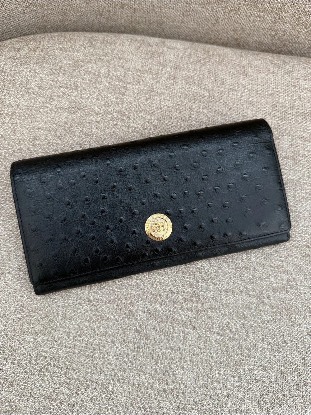 ITALIAN Black Ostrich-Texture Continental Wallet with Gold Emblem